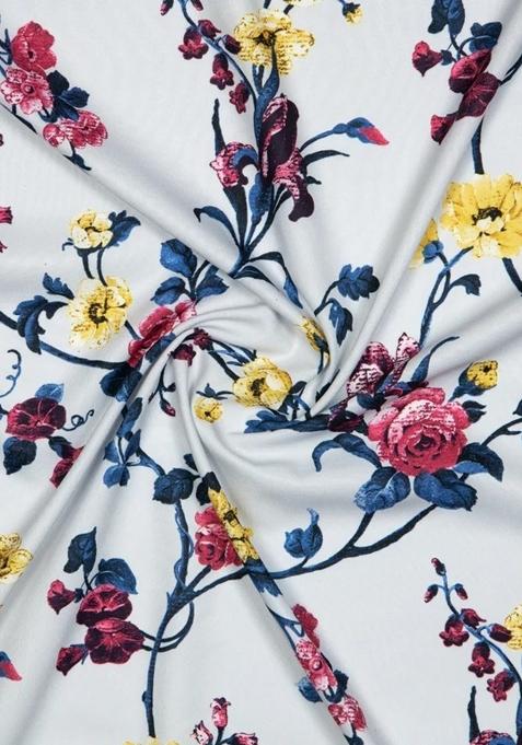 Girls Off White Floral Print Crepe Lehenga Set