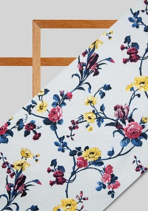 Girls Off White Floral Print Crepe Lehenga Set