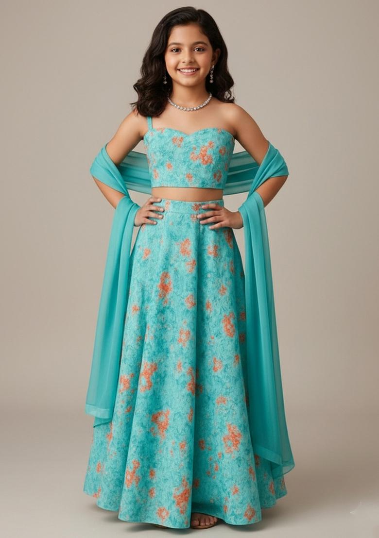 Girls Aqua Blue Floral Print Crepe Lehenga Set