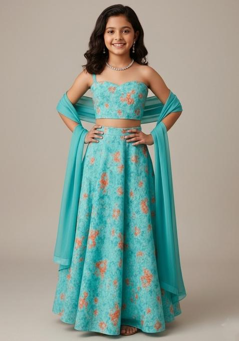 Girls Aqua Blue Floral Print Crepe Lehenga Set