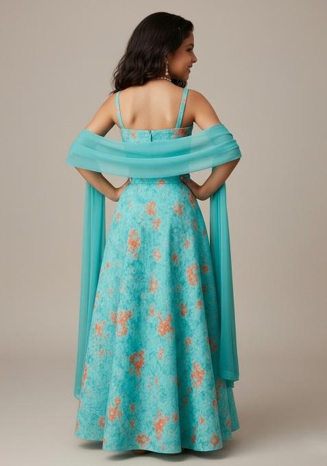 Girls Aqua Blue Floral Print Crepe Lehenga Set