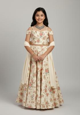 Girls Light Beige Floral Print Crepe Lehenga Set