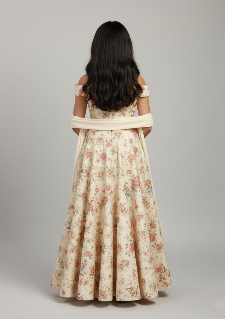 Girls Light Beige Floral Print Crepe Lehenga Set - Indya