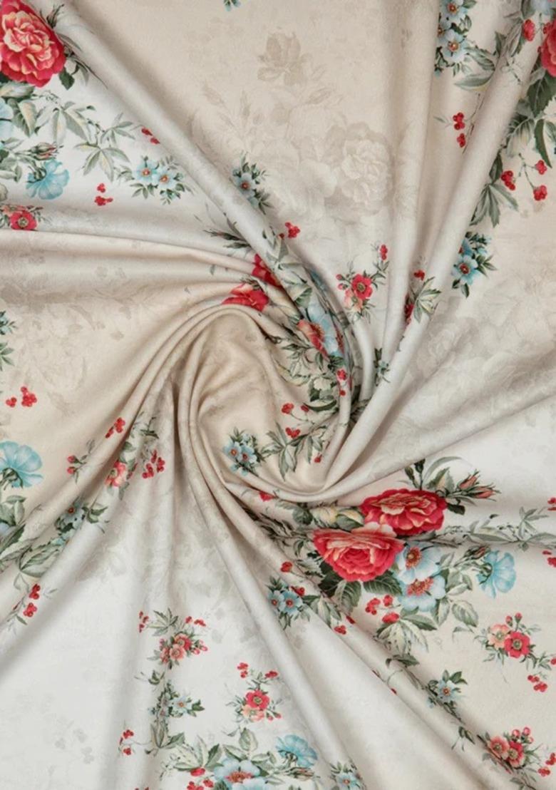 Girls Light Beige Floral Print Crepe Lehenga Set