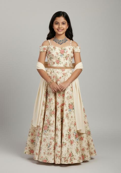 Girls Light Beige Floral Print Crepe Lehenga Set