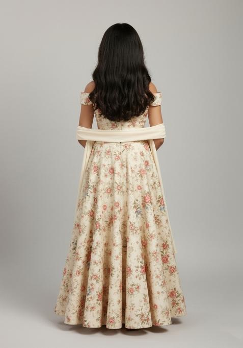 Girls Light Beige Floral Print Crepe Lehenga Set