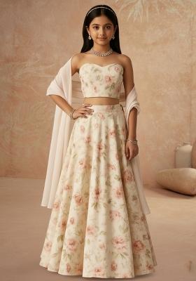 Girls Pastel Pink Floral Print Crepe Lehenga Set