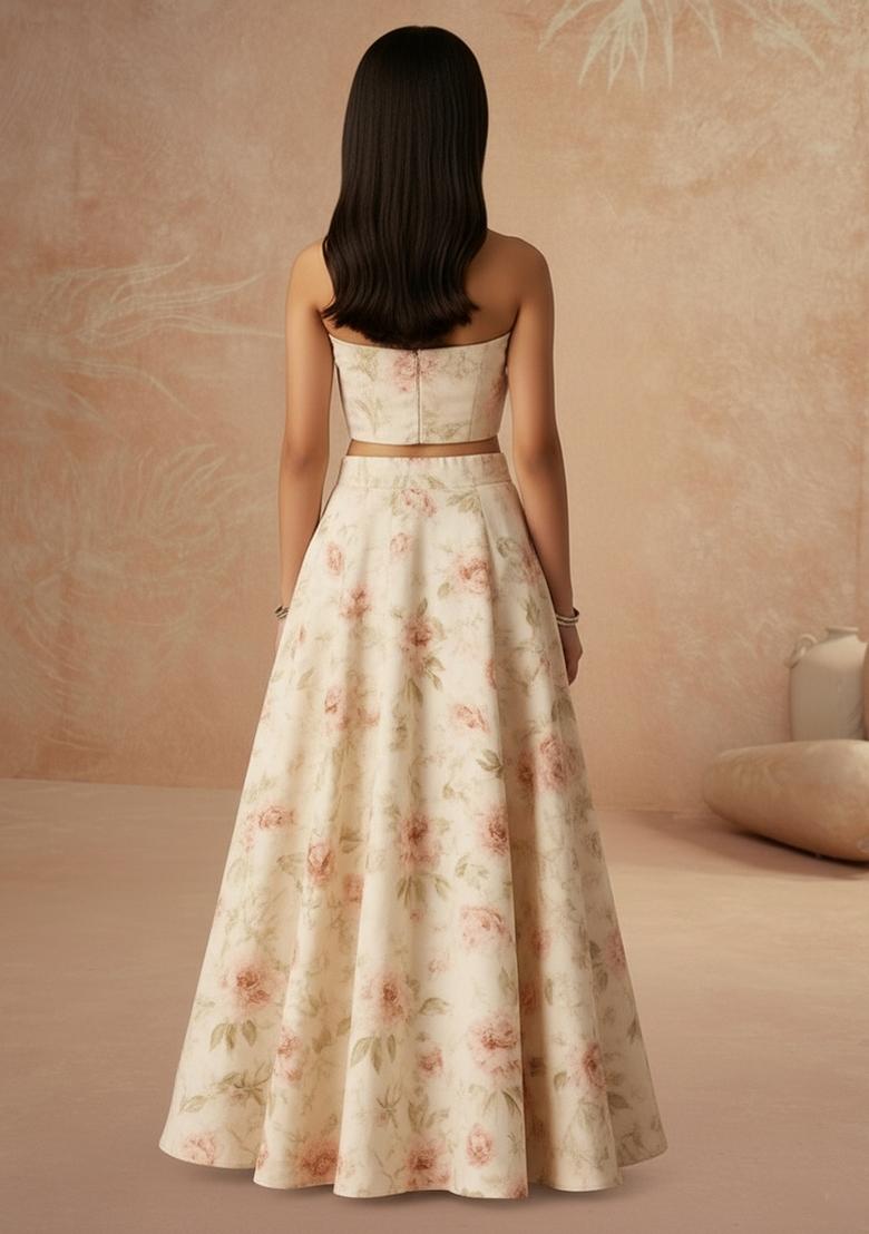 Girls Pastel Pink Floral Print Crepe Lehenga Set - Indya