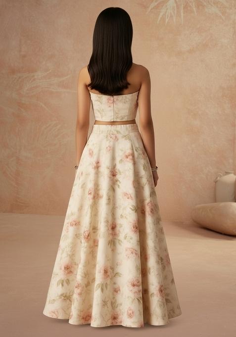 Girls Pastel Pink Floral Print Crepe Lehenga Set