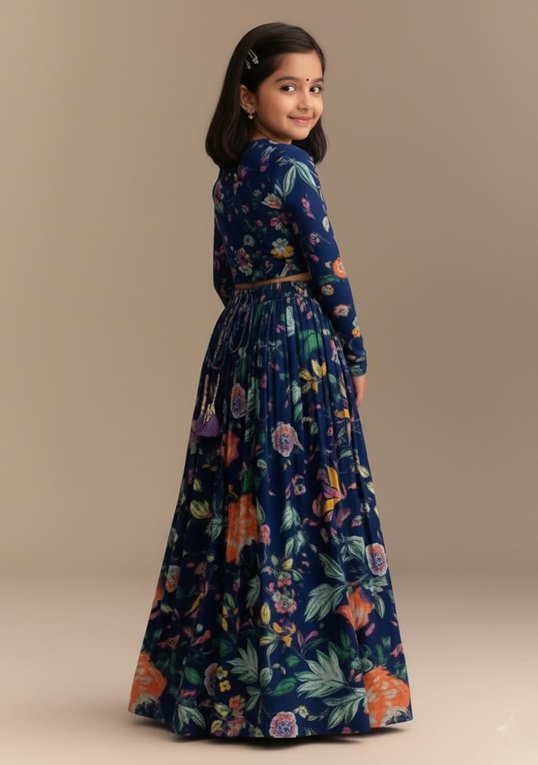 Girls Blue Floral Print Fusion Set - Indya