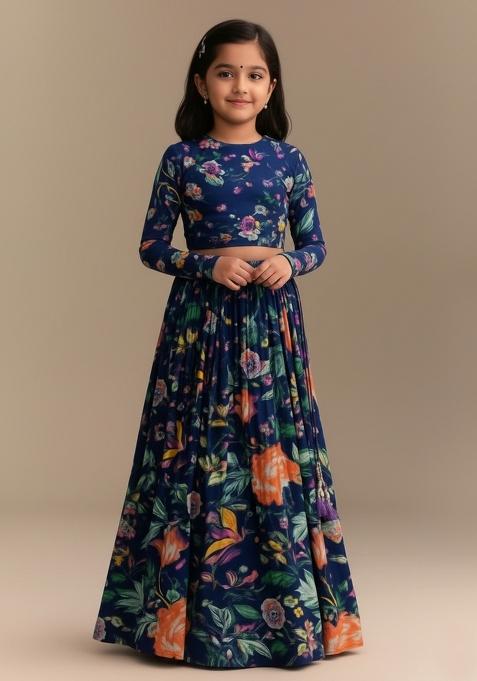 Girls Blue Floral Print Fusion Set