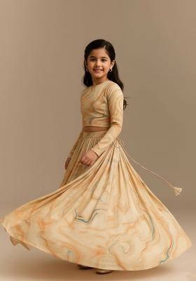 Girls Cream Abstract Print Lehenga Set