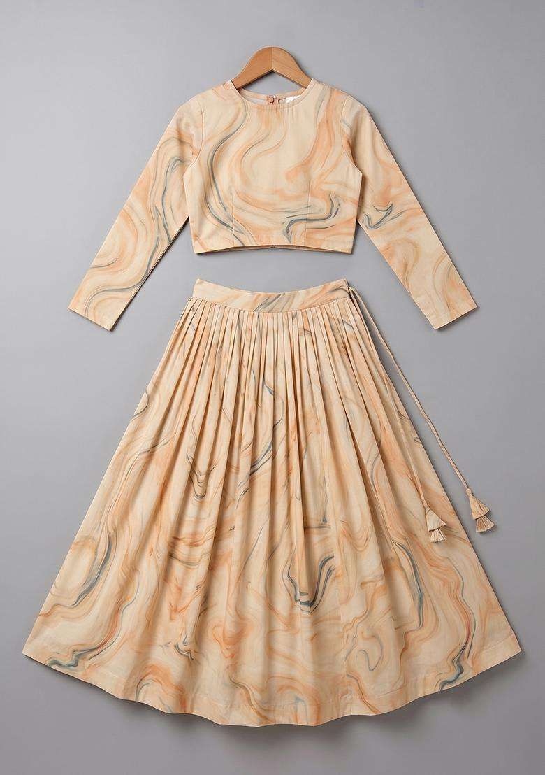 Girls Cream Abstract Print Lehenga Set - Indya
