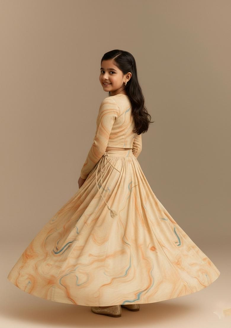 Girls Cream Abstract Print Lehenga Set - Indya