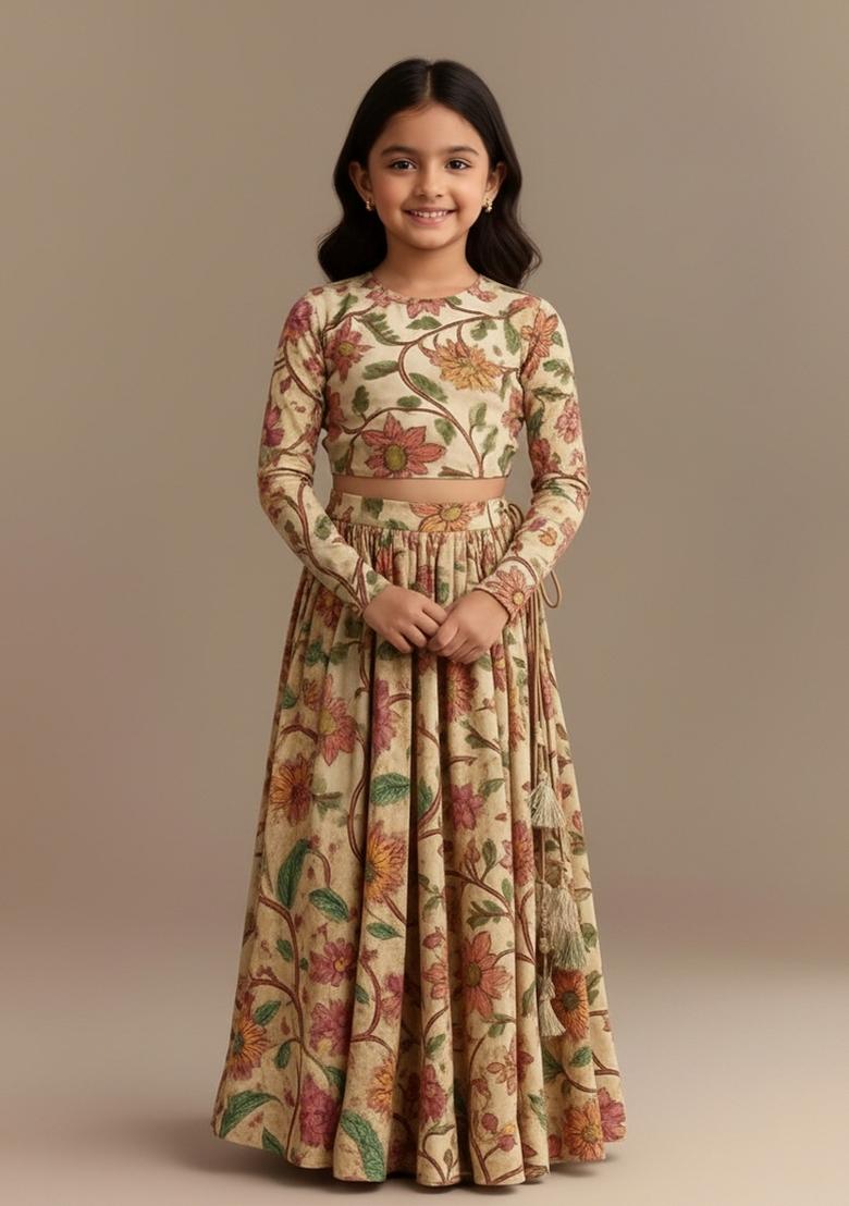 Girls Beige Floral Print Lehenga Set