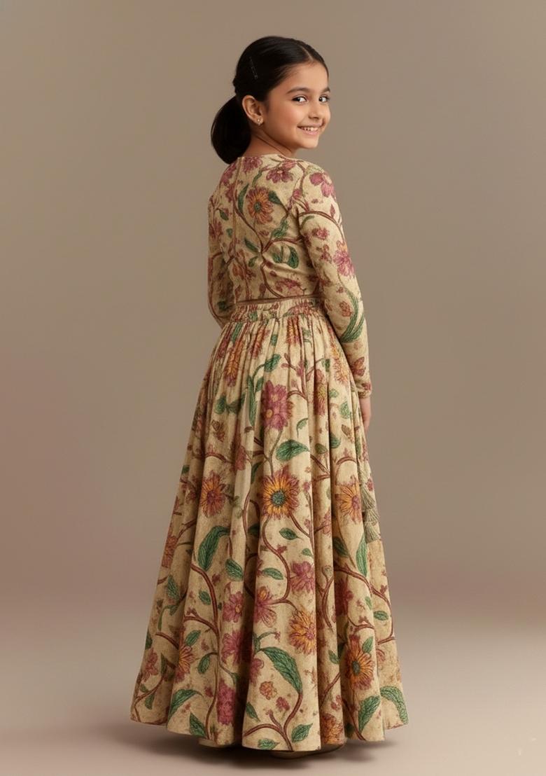 Girls Beige Floral Print Lehenga Set - Indya