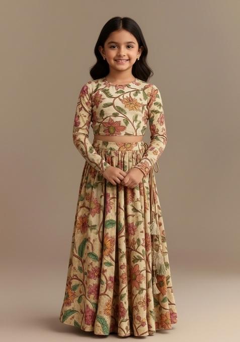 Girls Beige Floral Print Lehenga Set
