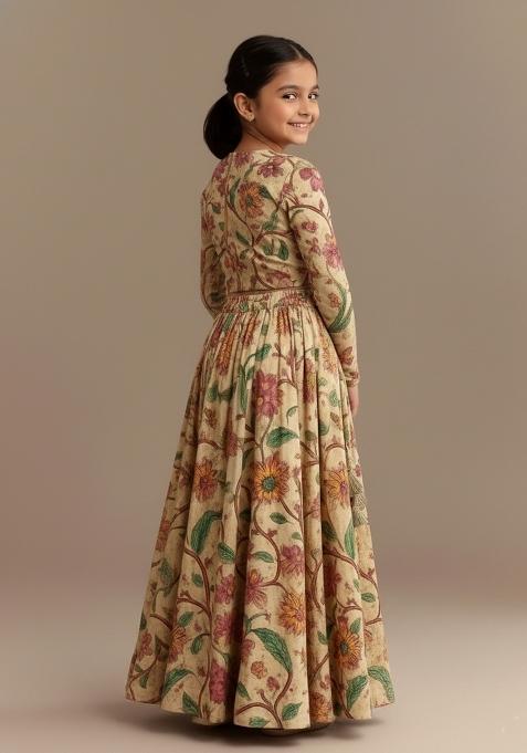 Girls Beige Floral Print Lehenga Set