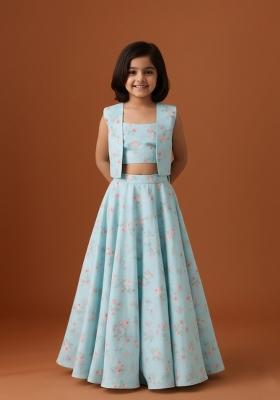 Girls Blue Floral Print Satin Lehenga Set