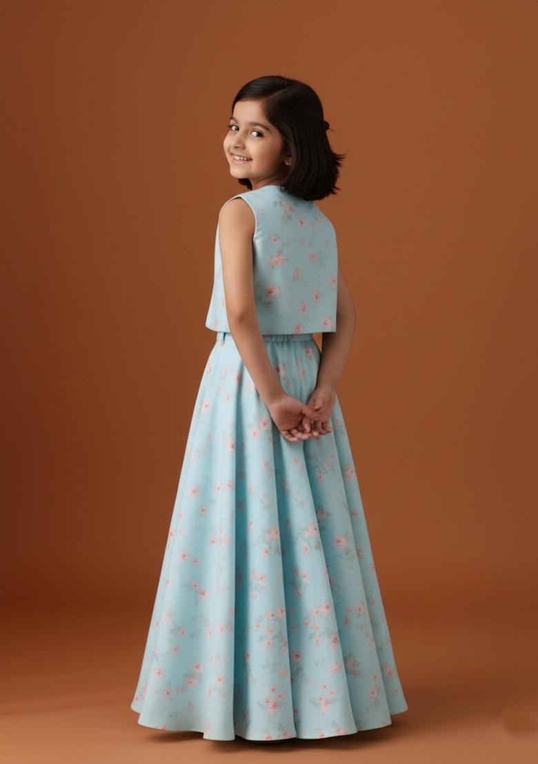 Girls Blue Floral Print Satin Lehenga Set - Indya
