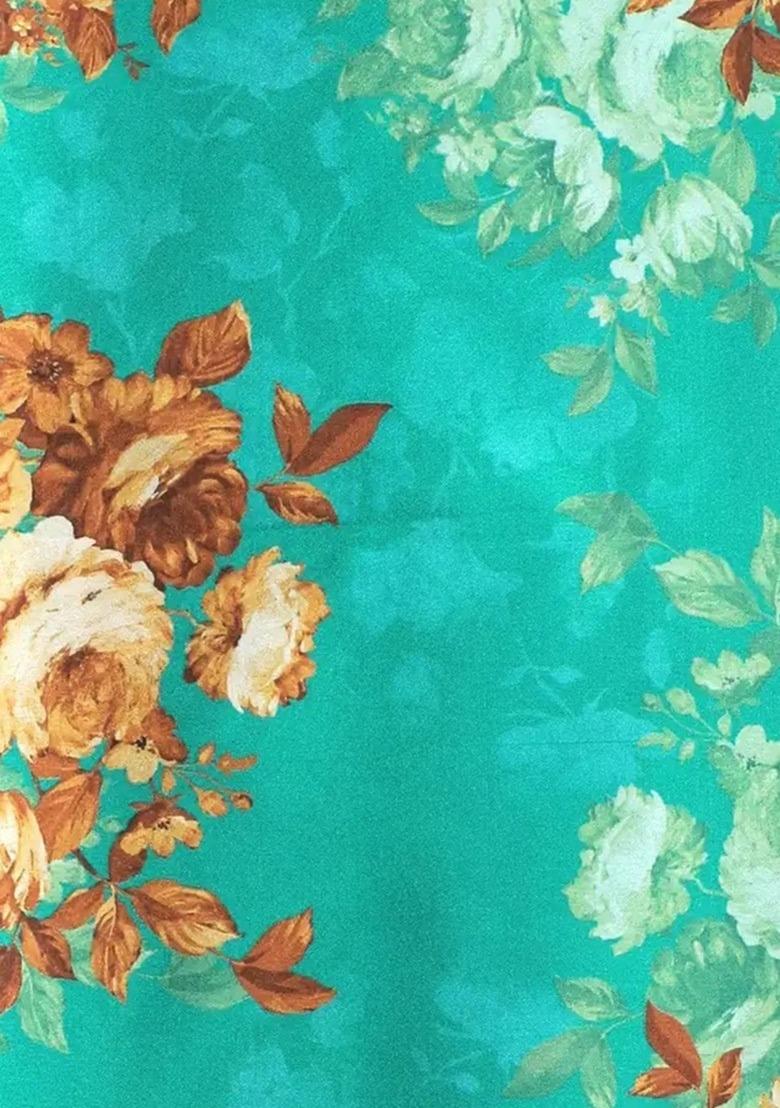 Girls Blue Floral Print Satin Lehenga Set - Indya