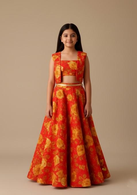 Girls Blue Floral Print Satin Lehenga Set