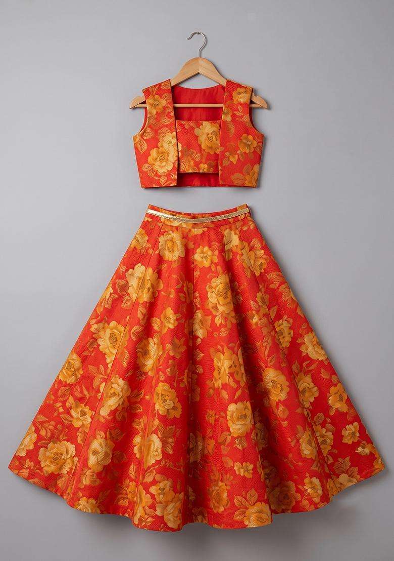 Girls Orange Floral Print Satin Lehenga Set - Indya