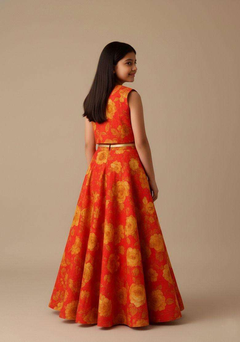 Girls Orange Floral Print Satin Lehenga Set - Indya