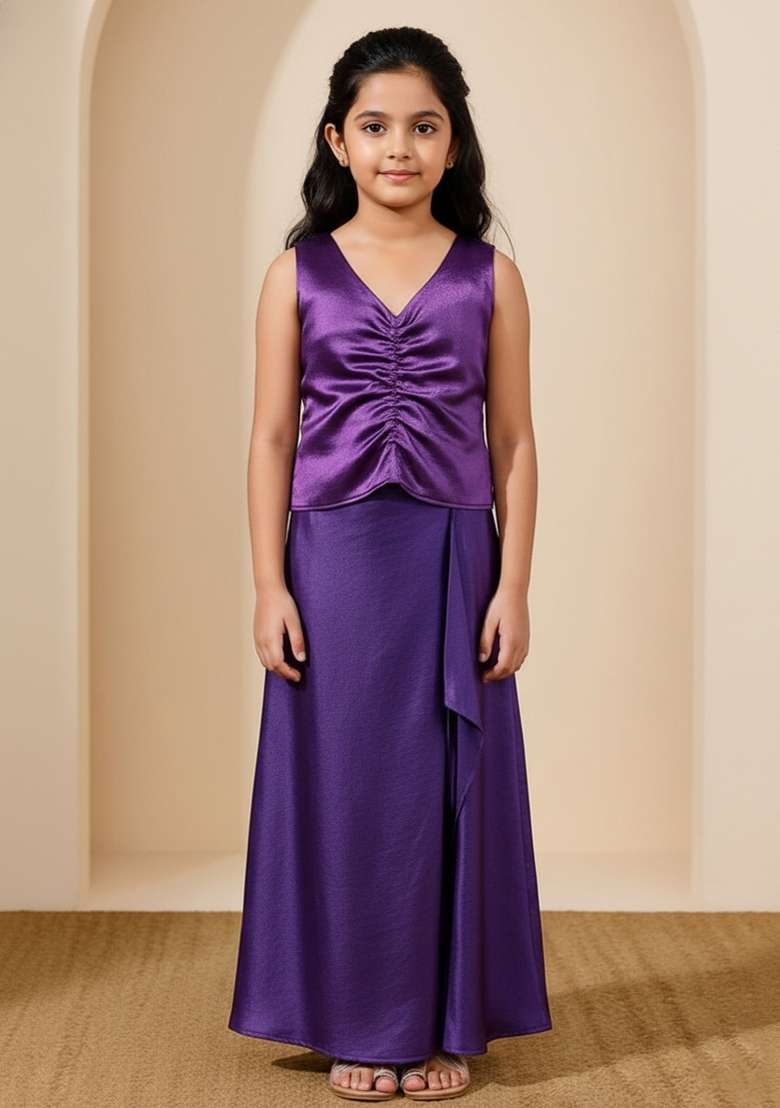 Girls Purple Foil Print Satin Fusion Set - Indya