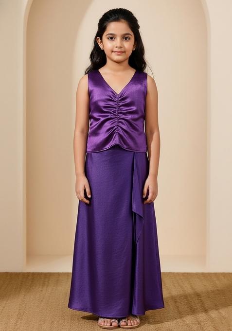 Girls Purple Foil Print Satin Fusion Set
