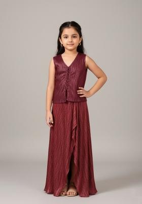 Girls Maroon Foil Print Satin Fusion Set
