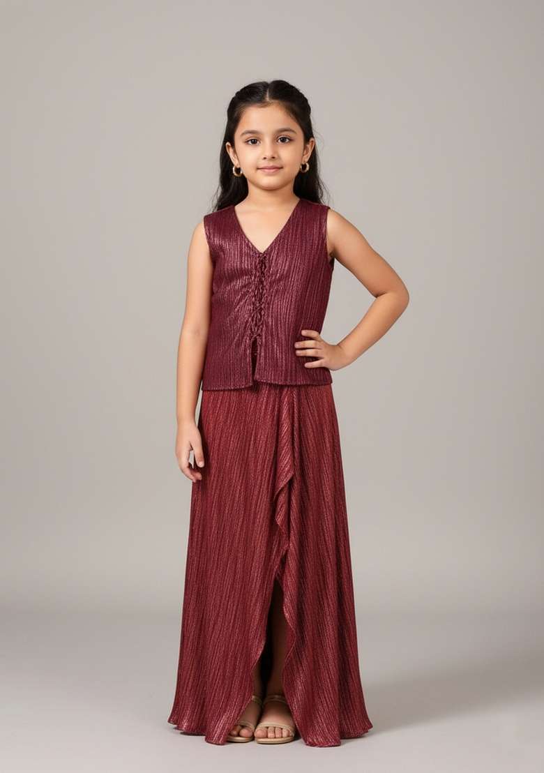 Girls Maroon Foil Print Satin Fusion Set - Indya