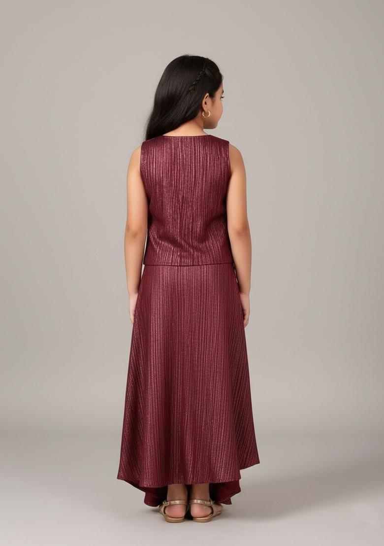 Girls Maroon Foil Print Satin Fusion Set - Indya