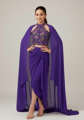 Girls Purple Floral Print Viscose Fusion Set