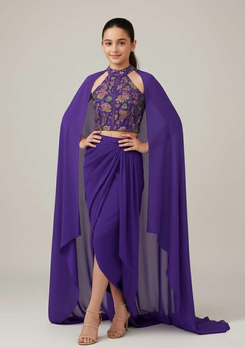 Girls Purple Floral Print Viscose Fusion Set - Indya