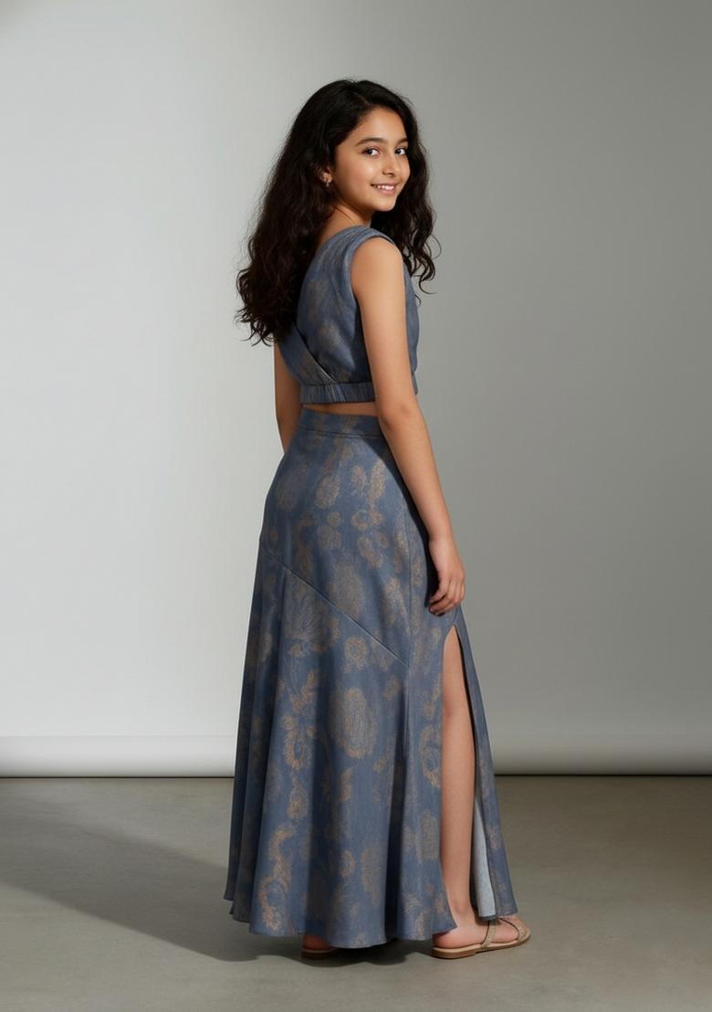 Girls Blue Brocade Fusion Set - Indya