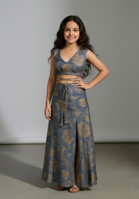 Girls Blue Brocade Fusion Set
