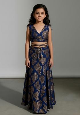 Girls Navy Blue Brocade Fusion Set