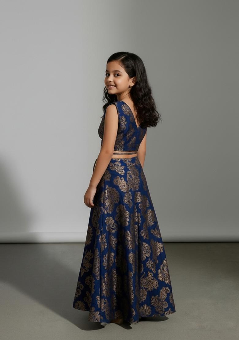 Girls Navy Blue Brocade Fusion Set - Indya