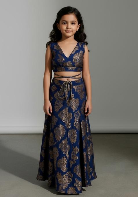 Girls Navy Blue Brocade Fusion Set