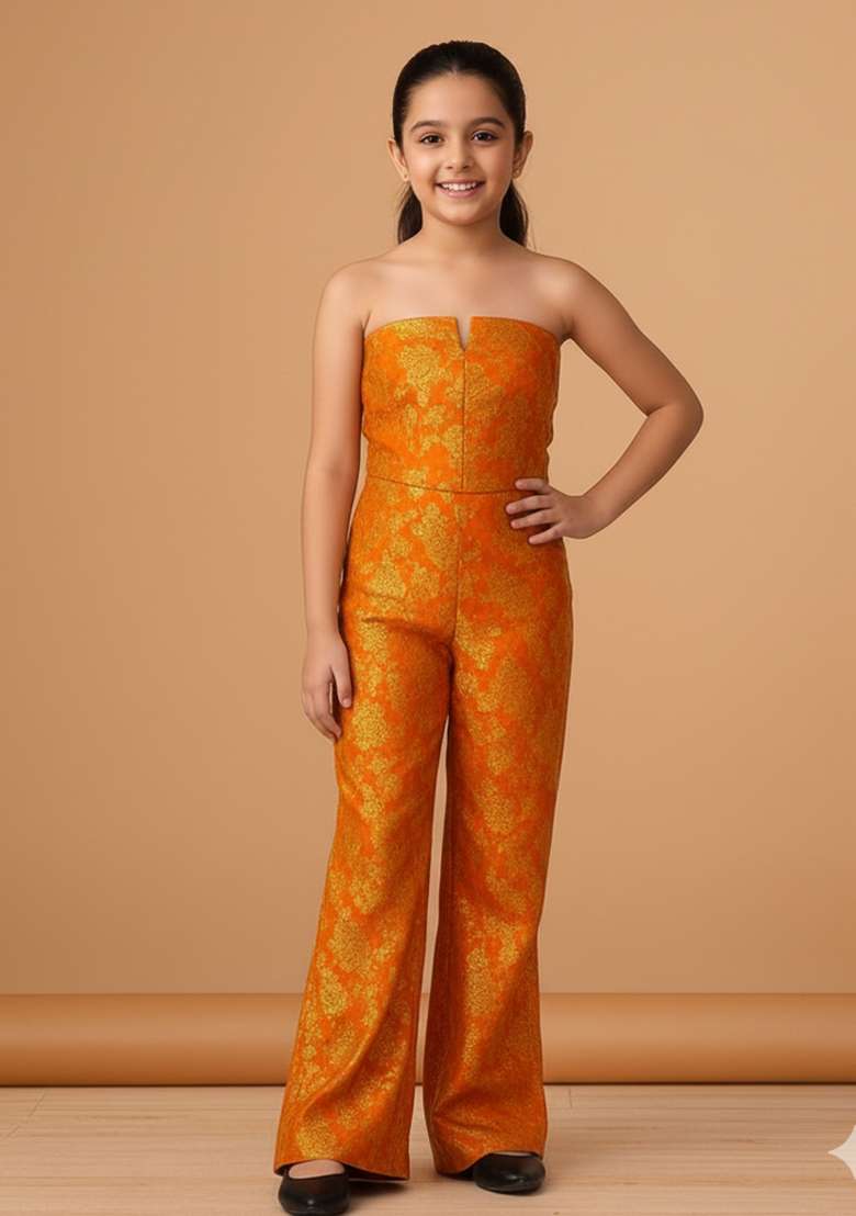 Girls Orange Brocade Co-Ord Set - Indya