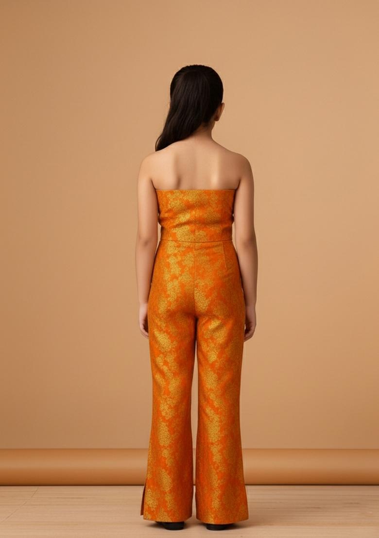 Girls Orange Brocade Co-Ord Set - Indya