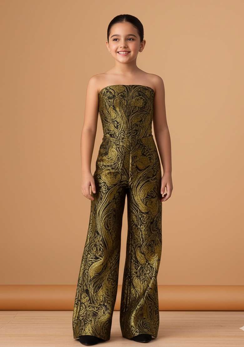 Girls Black And Gold Brocade Co-Ord Set - Indya