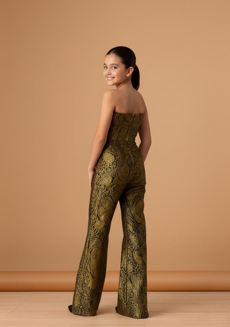 Girls Black And Gold Brocade Co-Ord Set - Indya