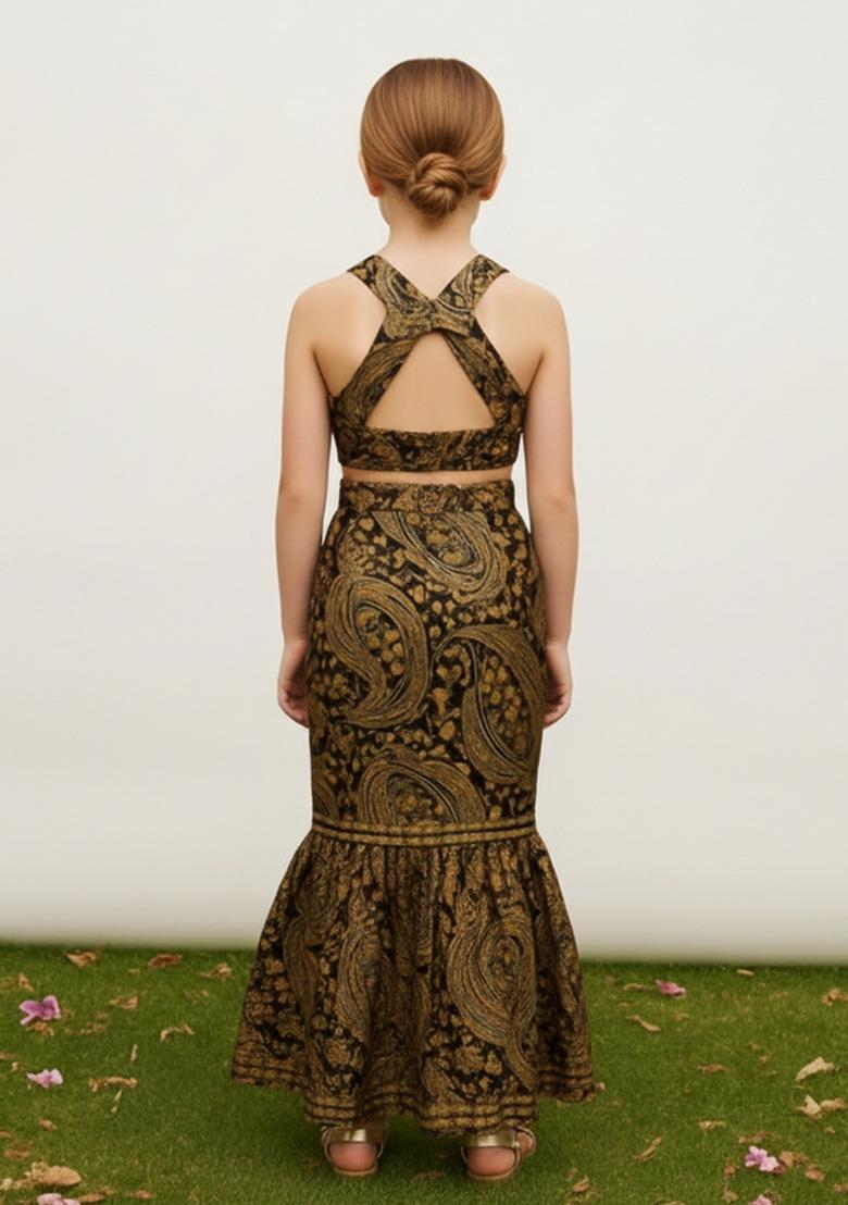 Girls Green Brocade Co-Ord Set - Indya