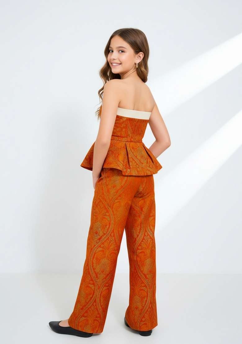 Girls Orange Brocade Co-Ord Set - Indya