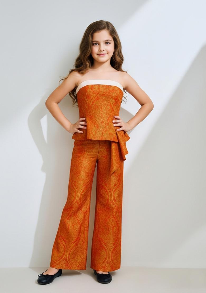 Girls Orange Brocade Co-Ord Set - Indya