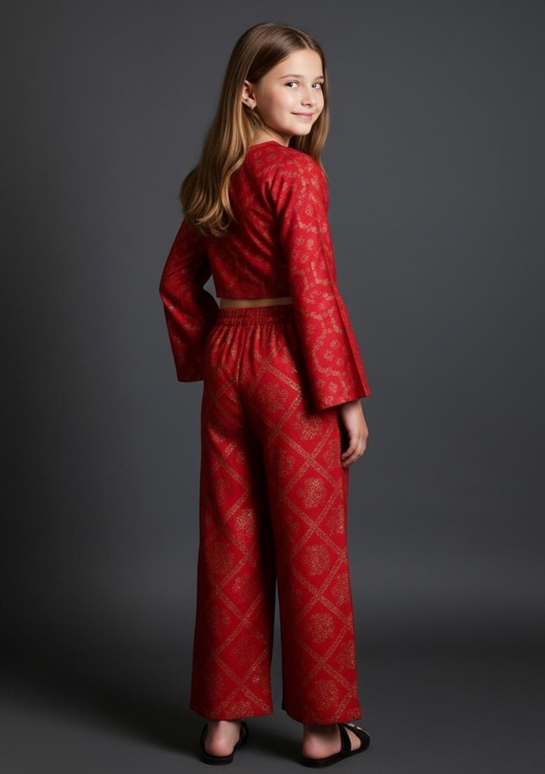 Girls Red Brocade Co-Ord Set - Indya