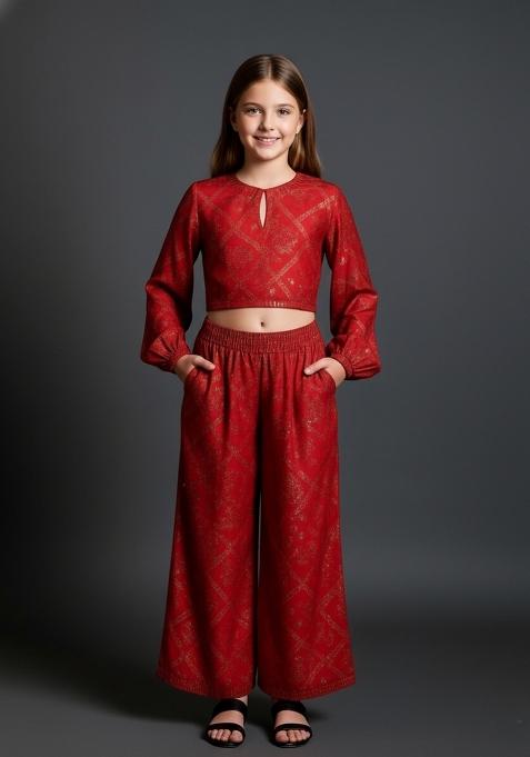 Girls Red Brocade Co-Ord Set