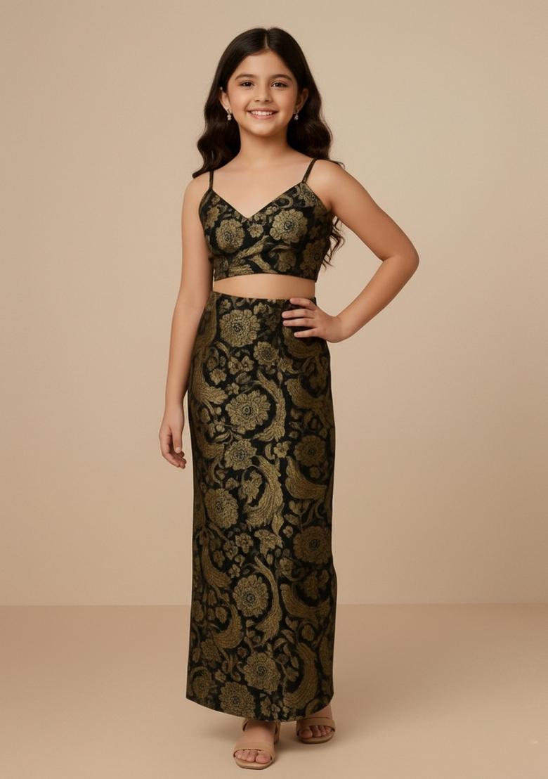 Girls Black Brocade Fusion Set - Indya